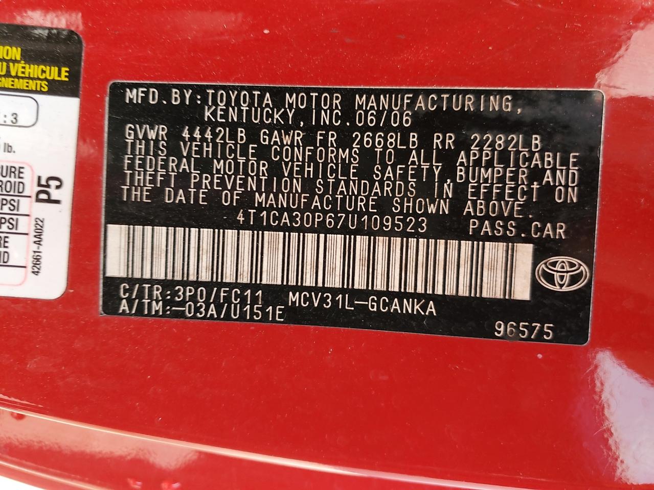 2007 Toyota Camry Solara Se VIN: 4T1CA30P67U109523 Lot: 62170395