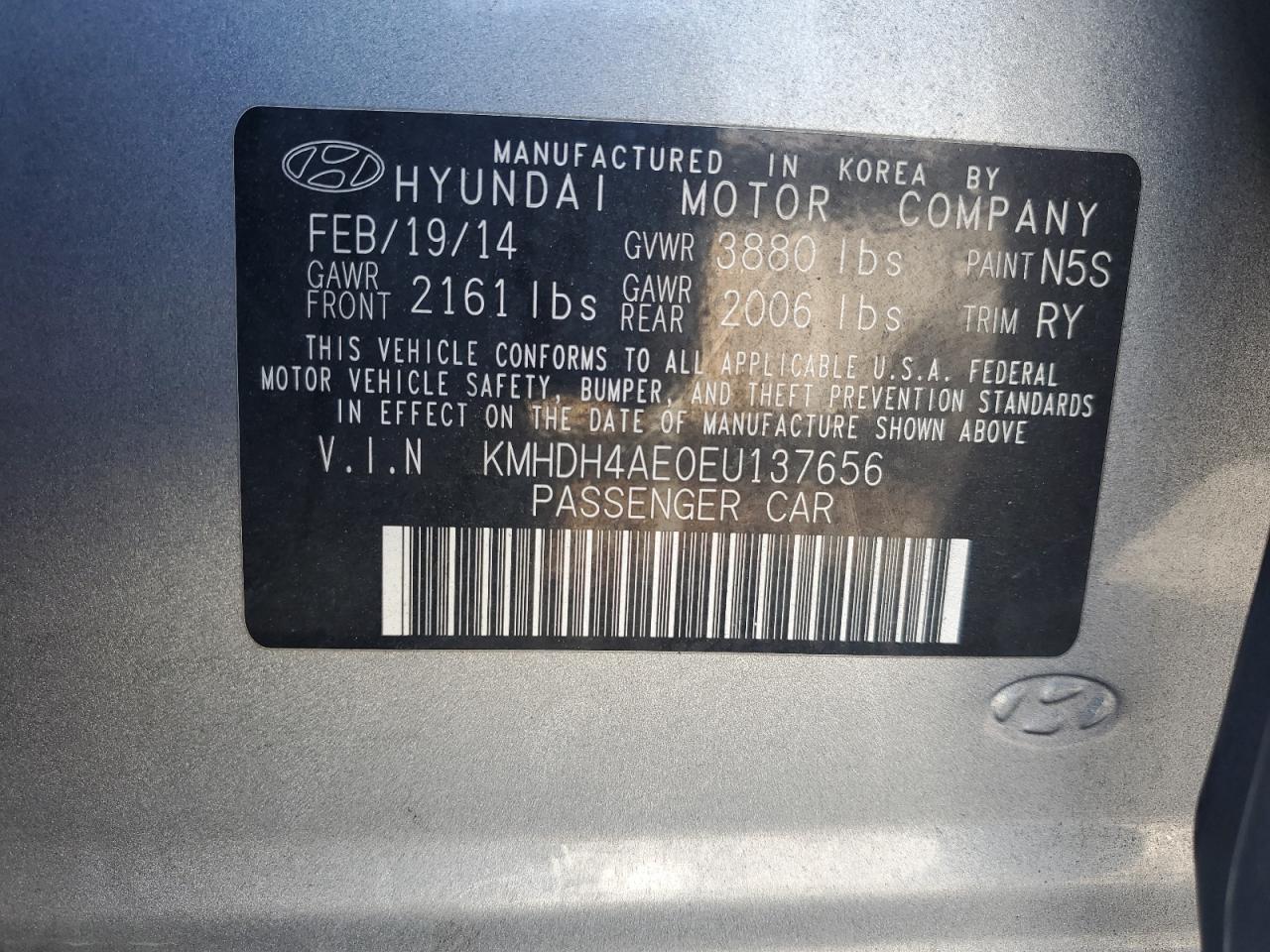 2014 Hyundai Elantra Se VIN: KMHDH4AE0EU137656 Lot: 62766765