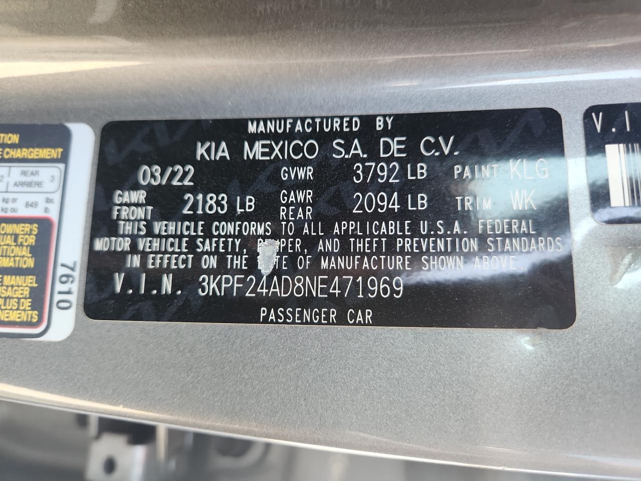 2022 Kia Forte Fe VIN: 3KPF24AD8NE471969 Lot: 63042365