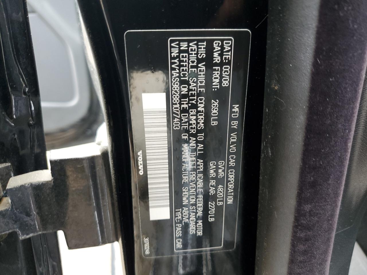 2008 Volvo S80 3.2 VIN: YV1AS982881077403 Lot: 60961795