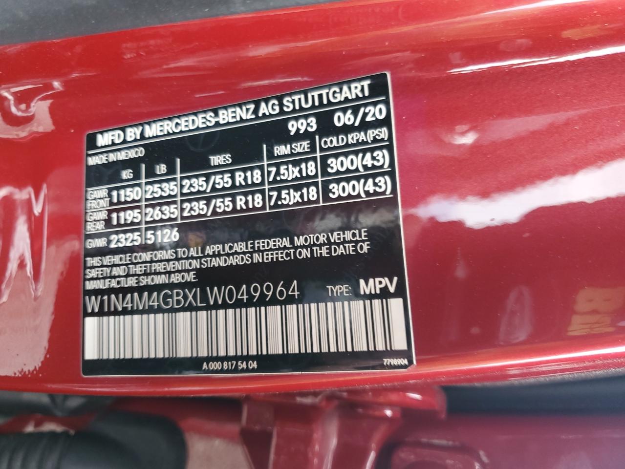 2020 Mercedes-Benz Glb 250 VIN: W1N4M4GBXLW049964 Lot: 59983665