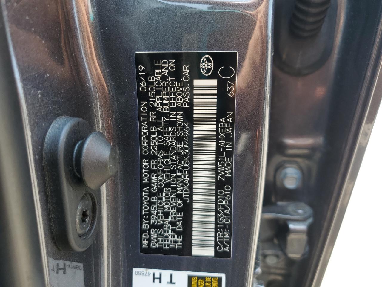 2019 Toyota Prius VIN: JTDKARFU5K3094964 Lot: 59480505