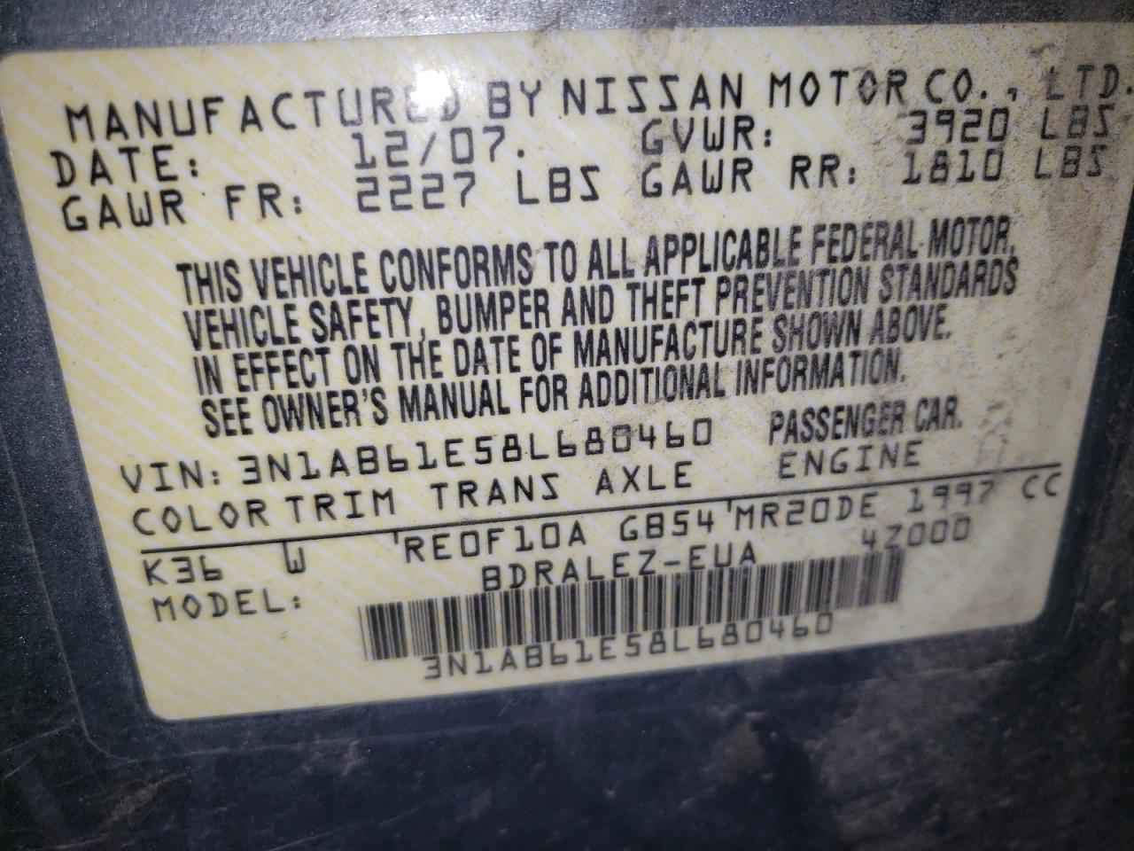 2008 Nissan Sentra 2.0 VIN: 3N1AB61E58L680460 Lot: 61502605