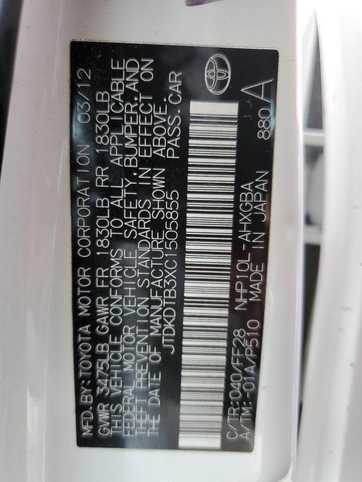 2012 Toyota Prius C VIN: JTDKDTB3XC1505855 Lot: 63186005