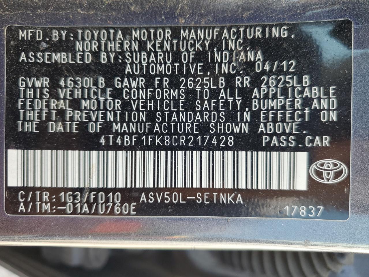 2012 Toyota Camry Base VIN: 4T4BF1FK8CR217428 Lot: 62117285