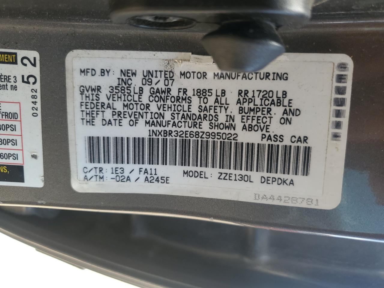 2008 Toyota Corolla Ce VIN: 1NXBR32E68Z995022 Lot: 62472685