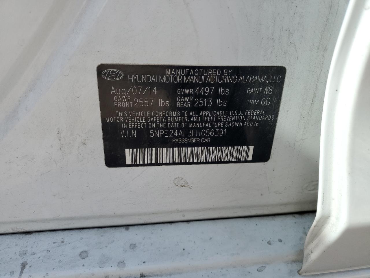 2015 Hyundai Sonata Se VIN: 5NPE24AF3FH056391 Lot: 62312485