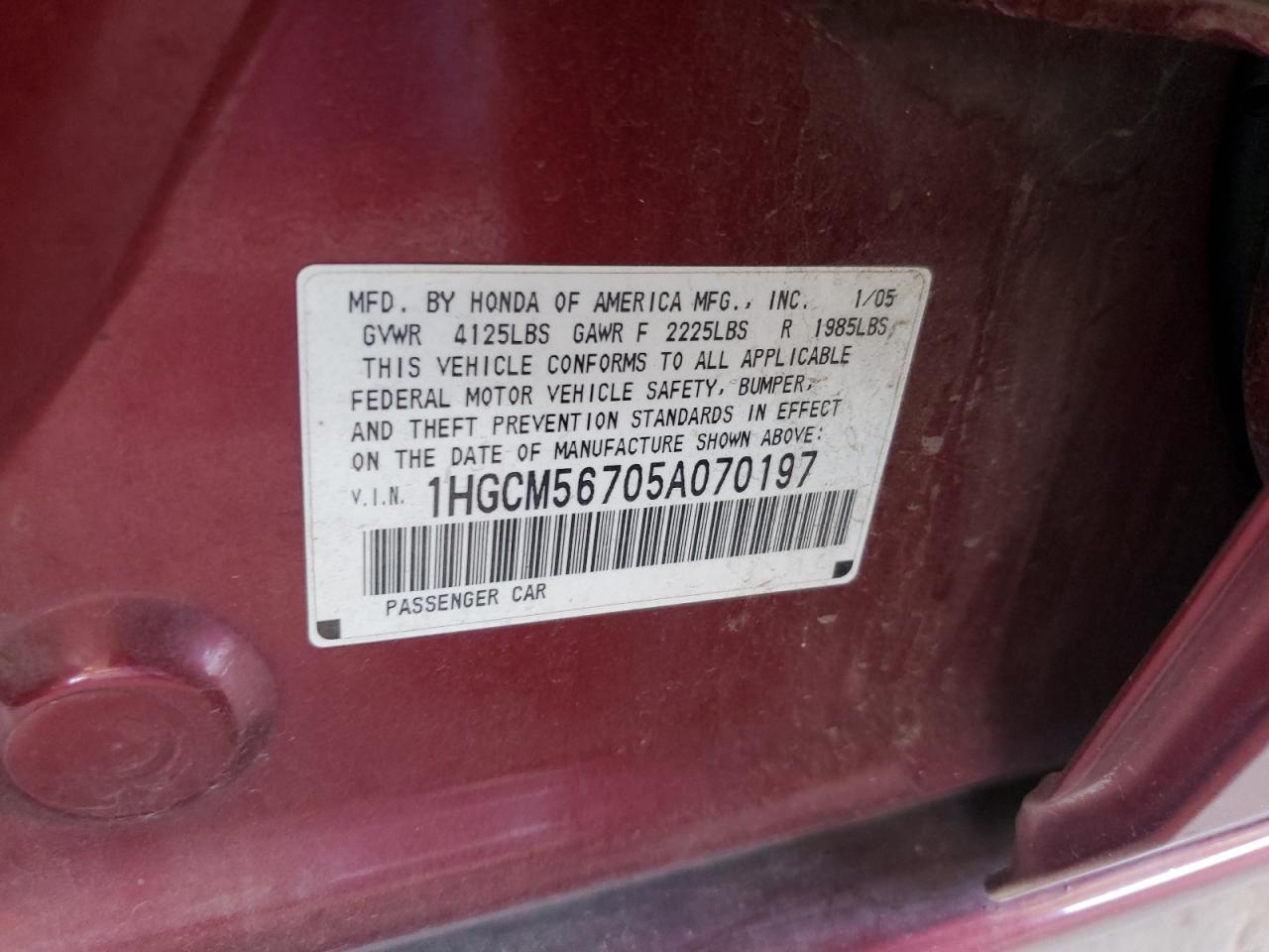 2005 Honda Accord Ex VIN: 1HGCM56705A070197 Lot: 61913705