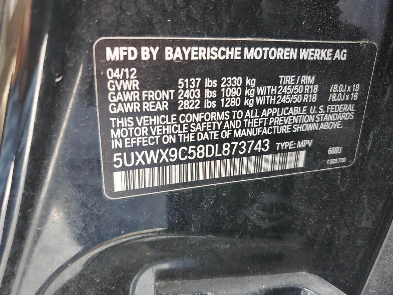 2013 BMW X3 xDrive28I VIN: 5UXWX9C58DL873743 Lot: 61864555