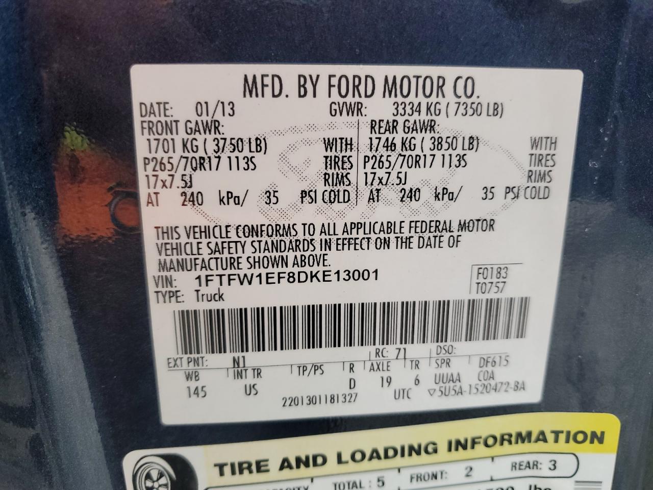 2013 Ford F150 Supercrew VIN: 1FTFW1EF8DKE13001 Lot: 61421525