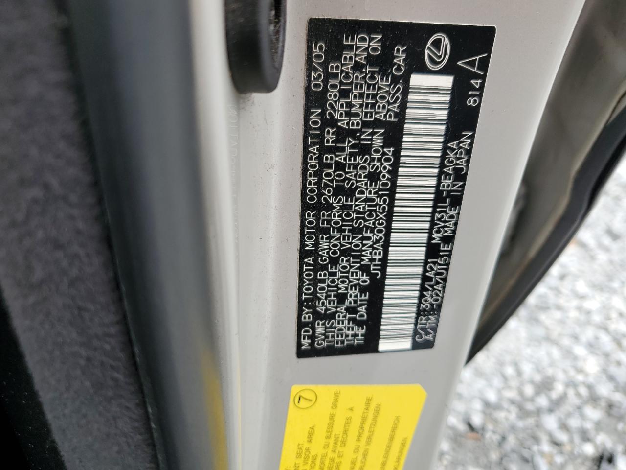 2005 Lexus Es 330 VIN: JTHBA30GX55109904 Lot: 59201445