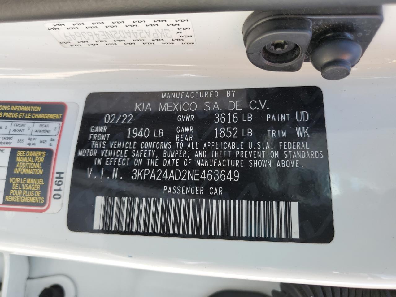 2022 Kia Rio Lx VIN: 3KPA24AD2NE463649 Lot: 62609865