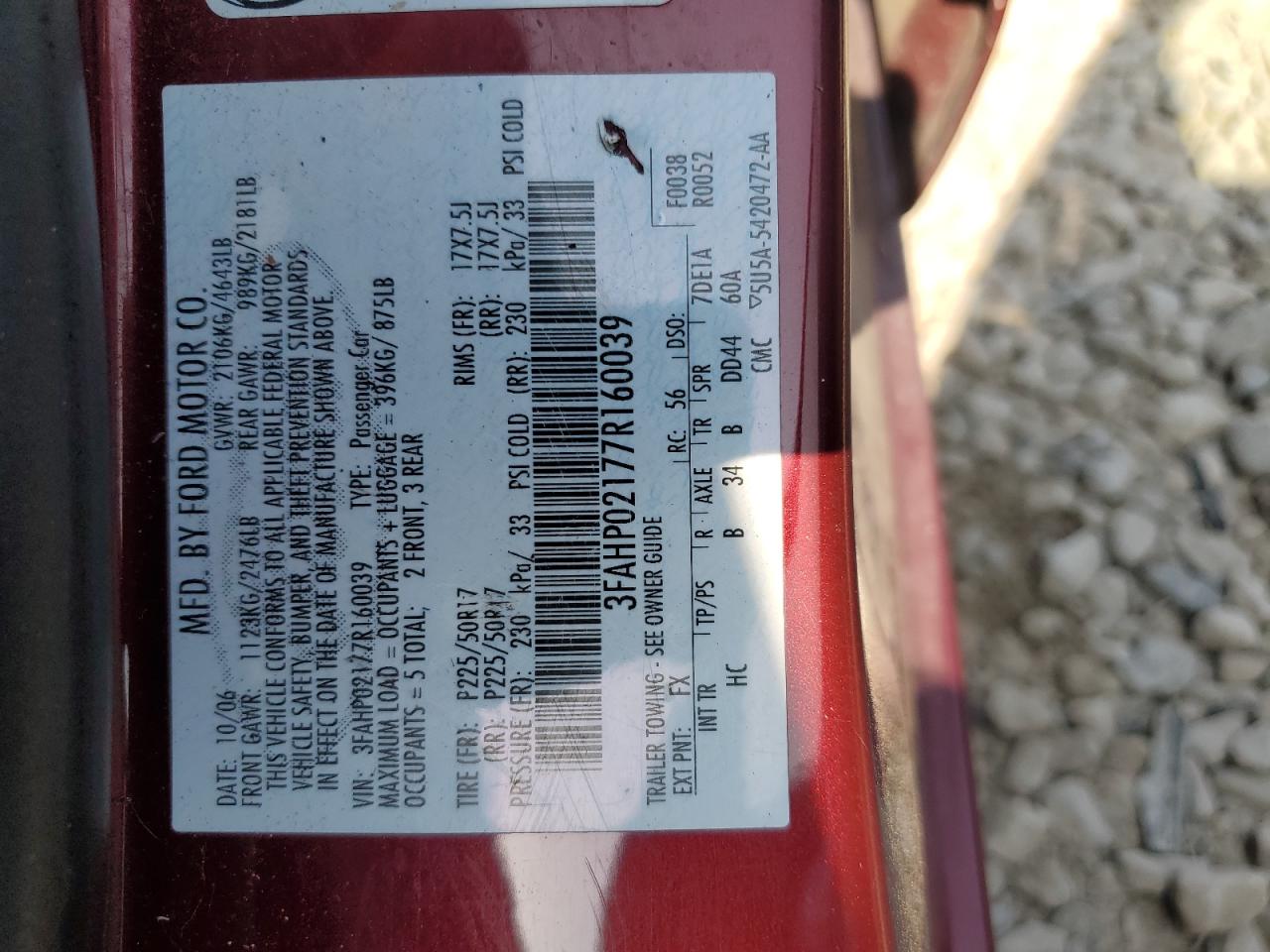 2007 Ford Fusion Sel VIN: 3FAHP02177R160039 Lot: 62163465