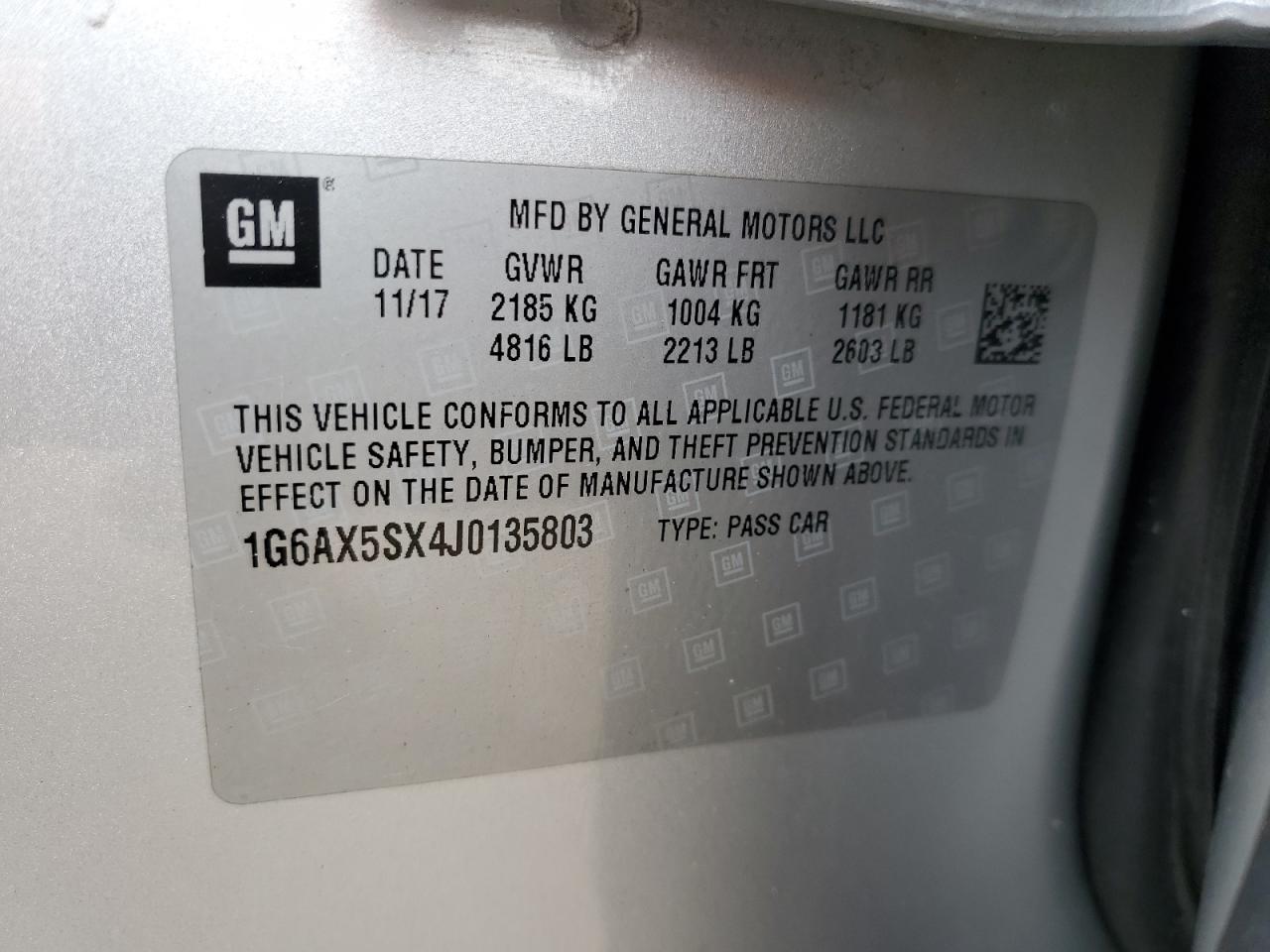 2018 Cadillac Cts Luxury VIN: 1G6AX5SX4J0135803 Lot: 60140065