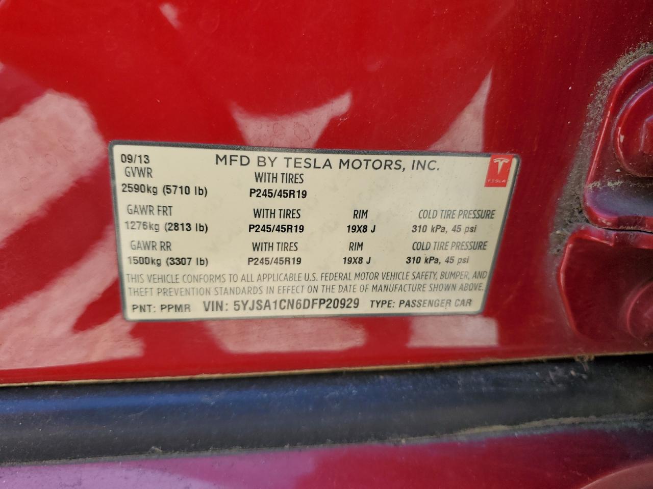 2013 Tesla Model S VIN: 5YJSA1CN6DFP20929 Lot: 61143855