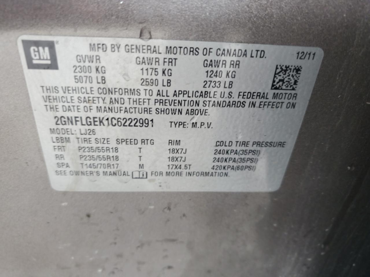 2012 Chevrolet Equinox Ltz VIN: 2GNFLGEK1C6222991 Lot: 61499905
