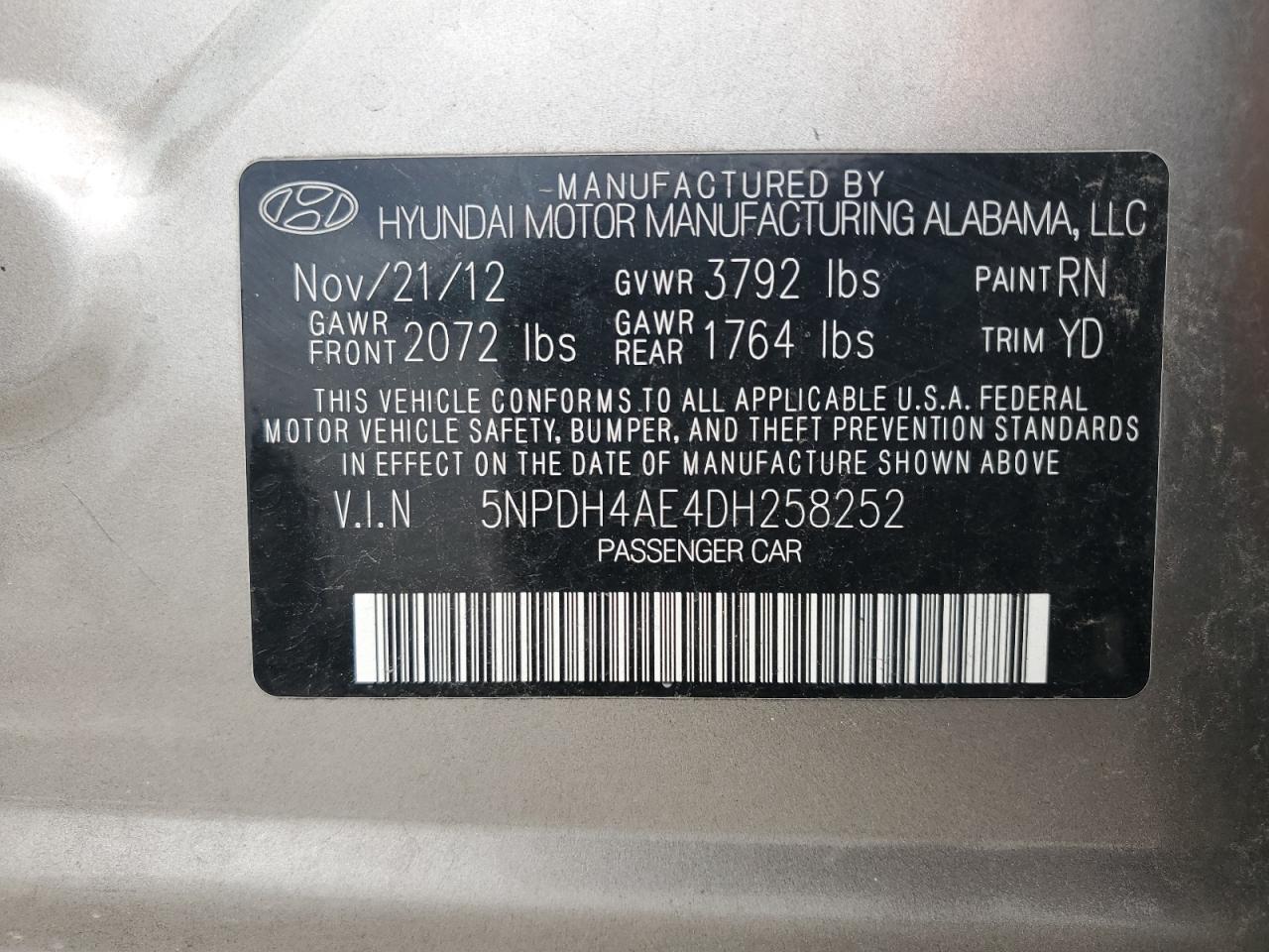 2013 Hyundai Elantra Gls VIN: 5NPDH4AE4DH258252 Lot: 63026055