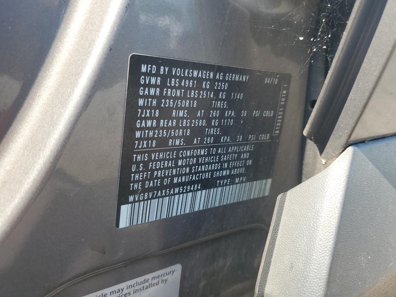 2010 Volkswagen Tiguan Se VIN: WVGBV7AX5AW529484 Lot: 62807895