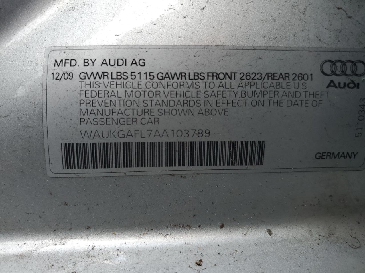 2010 Audi S4 Prestige VIN: WAUKGAFL7AA103789 Lot: 60520555