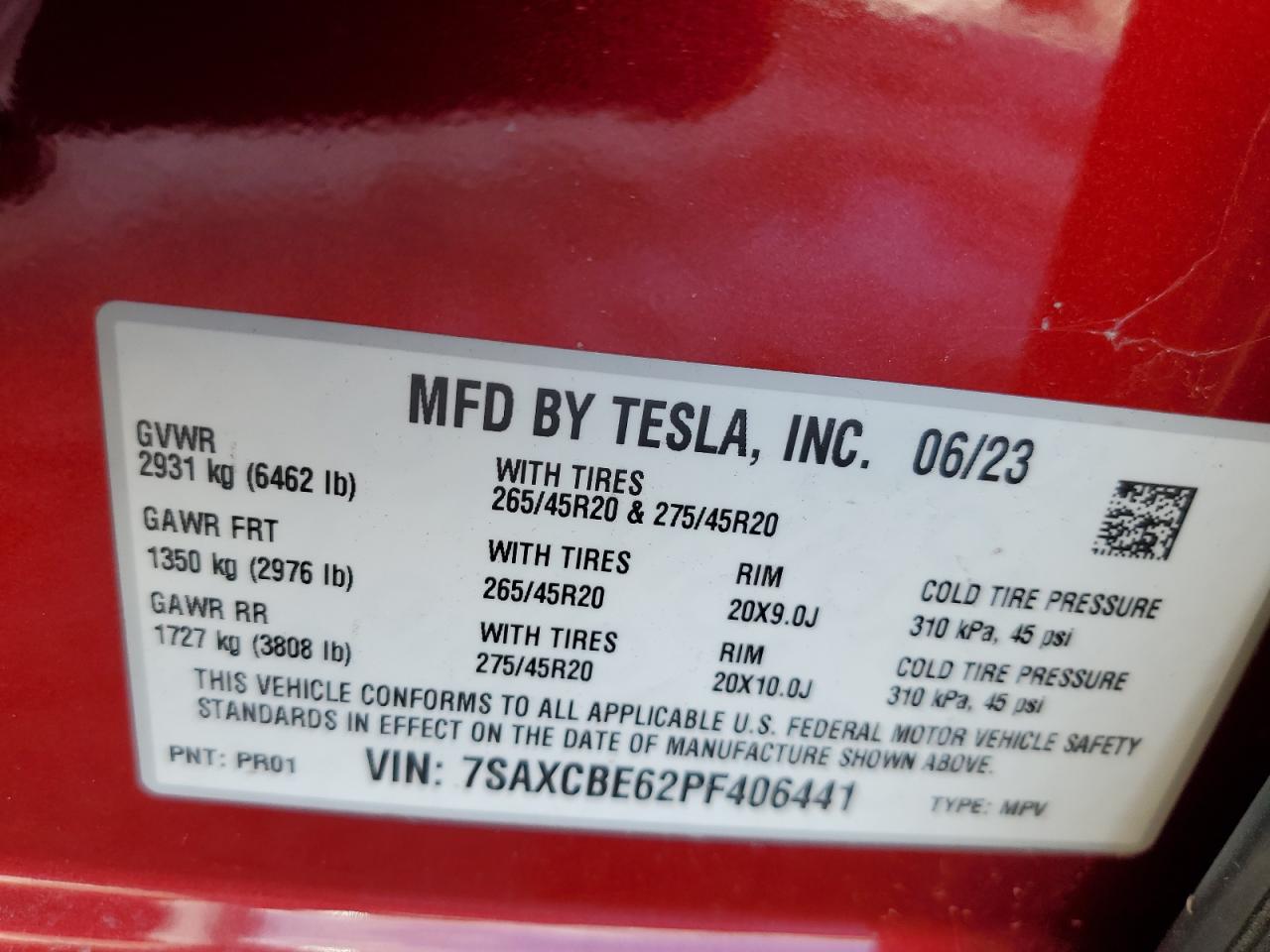 2023 Tesla Model X VIN: 7SAXCBE62PF406441 Lot: 57137175
