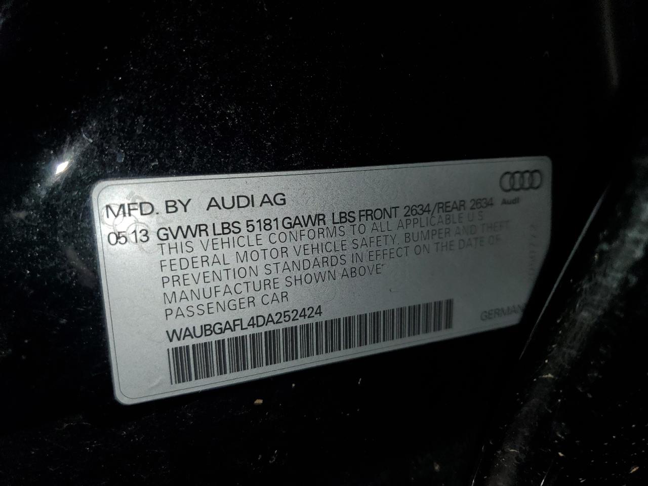2013 Audi S4 Premium Plus VIN: WAUBGAFL4DA252424 Lot: 60230705