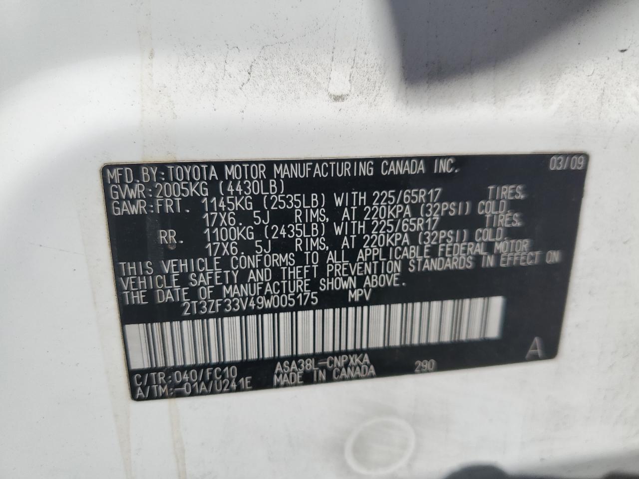 2009 Toyota Rav4 VIN: 2T3ZF33V49W005175 Lot: 62890995
