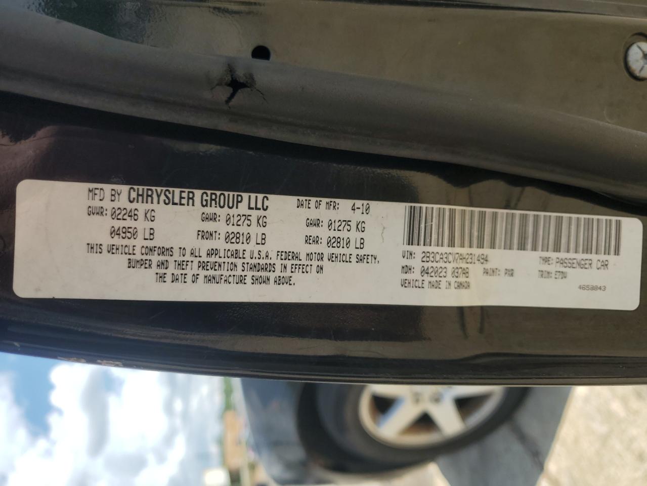 2010 Dodge Charger Sxt VIN: 2B3CA3CV7AH231494 Lot: 62740645