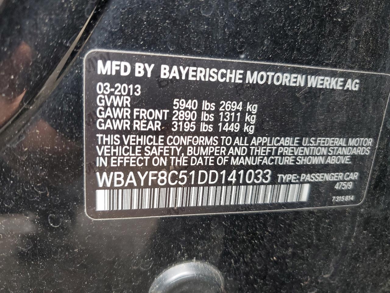 2013 BMW 750 Lxi VIN: WBAYF8C51DD141033 Lot: 62635645
