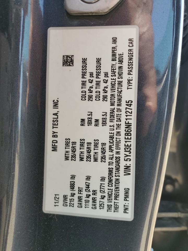 2022 Tesla Model 3 VIN: 5YJ3E1EB6NF112745 Lot: 59738795