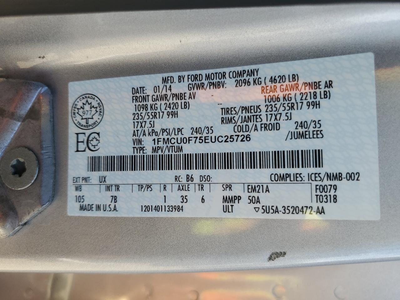 FORD ESCAPE 2014 VIN 1FMCU0F75EUC25726 photo 13