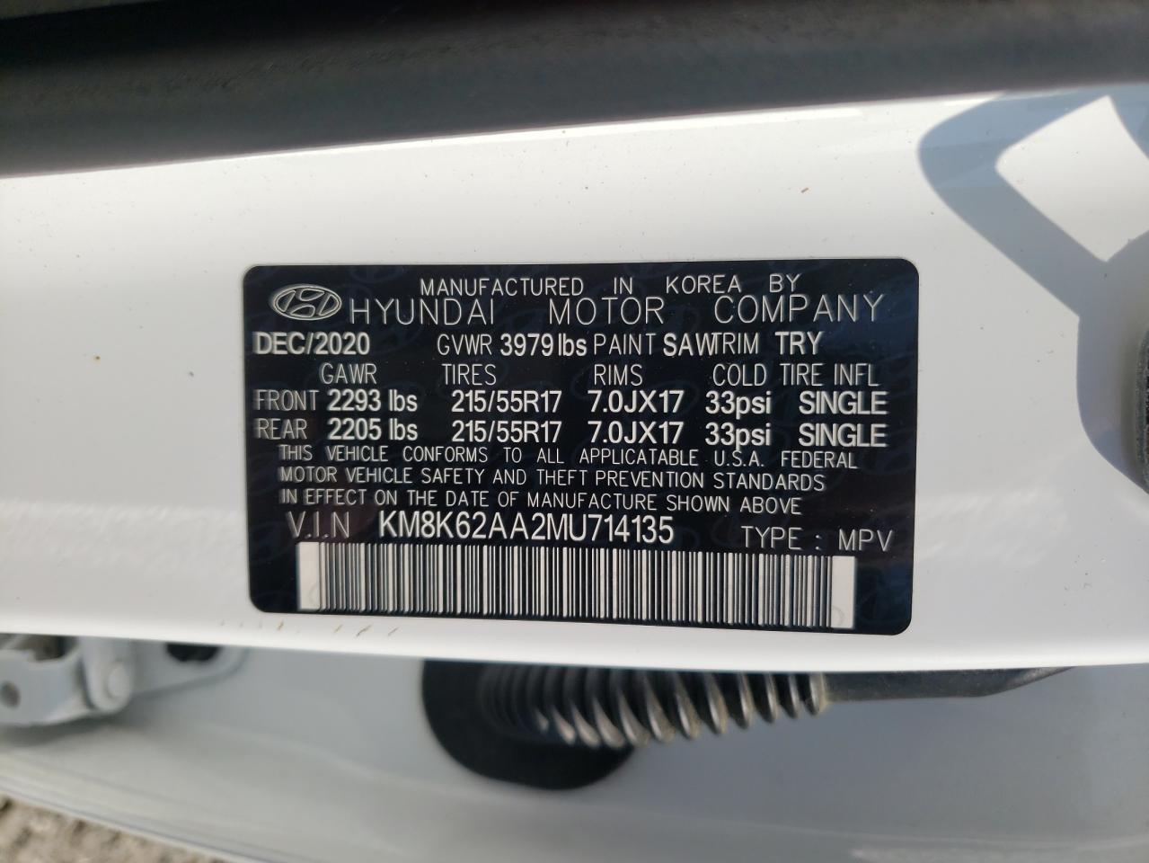 2021 Hyundai Kona Sel Plus VIN: KM8K62AA2MU714135 Lot: 62164285