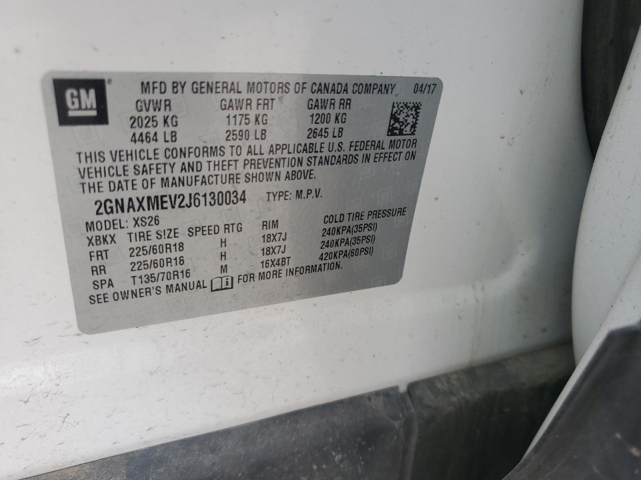 2018 Chevrolet Equinox Premier VIN: 2GNAXMEV2J6130034 Lot: 62883445
