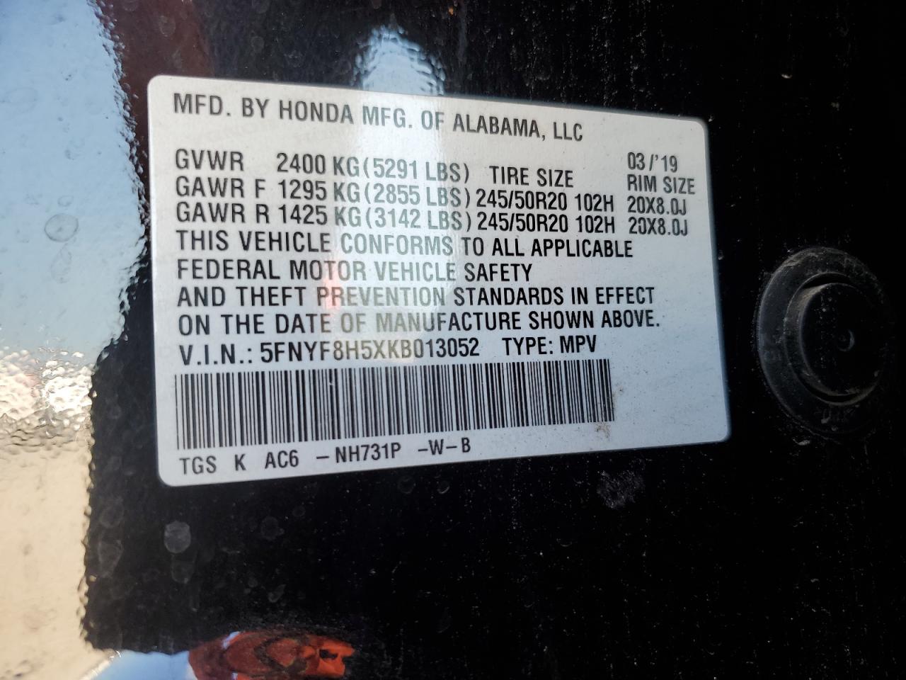 2019 Honda Passport Exl VIN: 5FNYF8H5XKB013052 Lot: 60727425