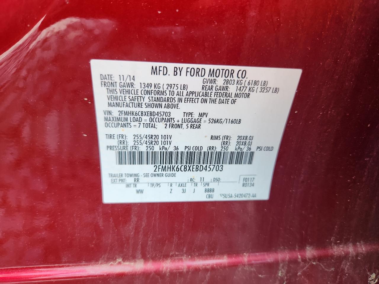 2014 Ford Flex Sel VIN: 2FMHK6C8XEBD45703 Lot: 62226055