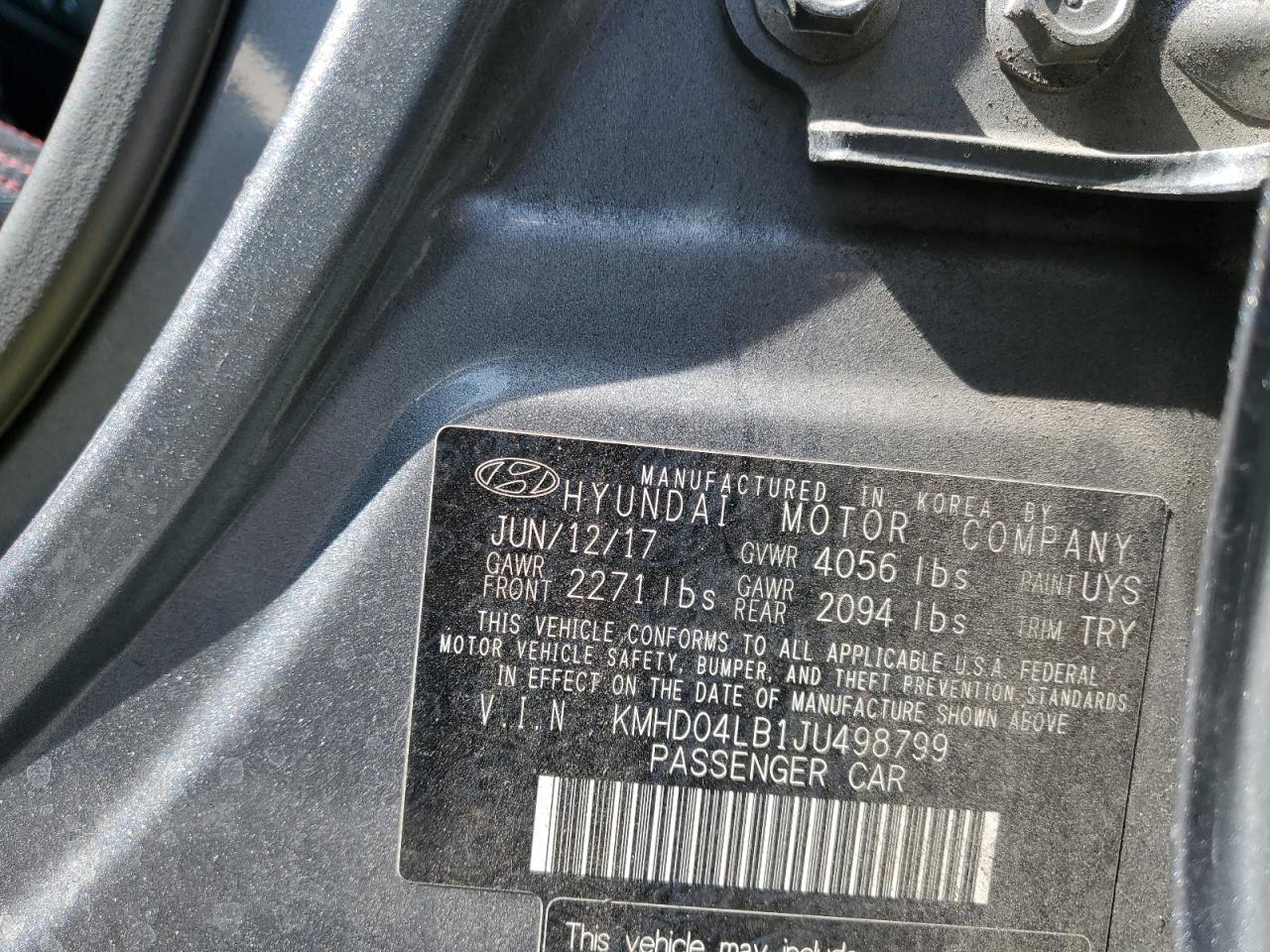 HYUNDAI ELANTRA 2018 VIN KMHD04LB1JU498799 zdjęcie 12