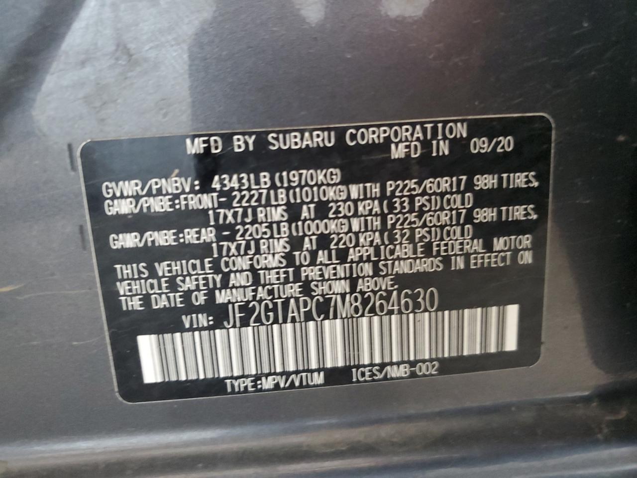 2021 Subaru Crosstrek Premium VIN: JF2GTAPC7M8264630 Lot: 61900345