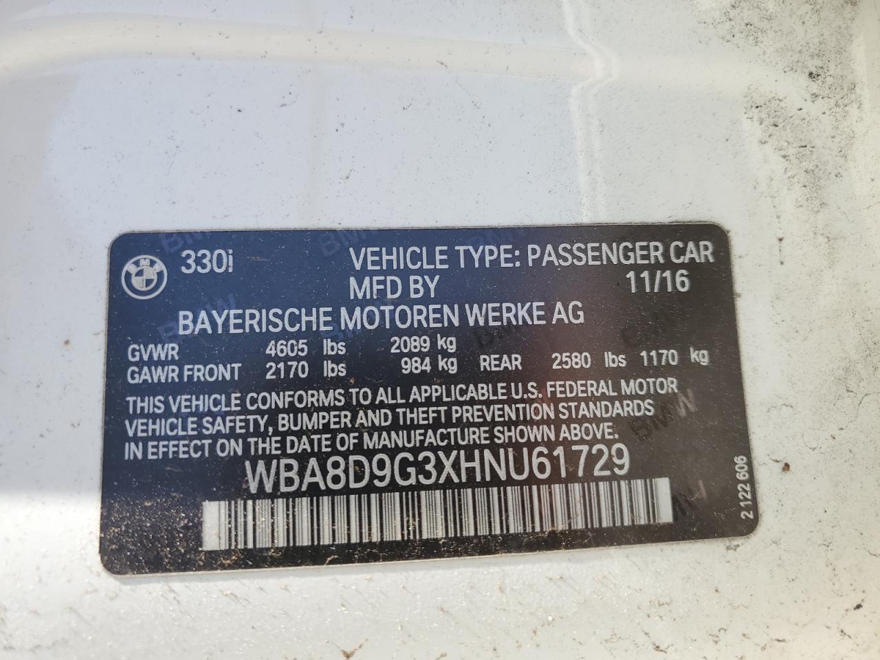 2017 BMW 330 Xi VIN: WBA8D9G3XHNU61729 Lot: 62709875