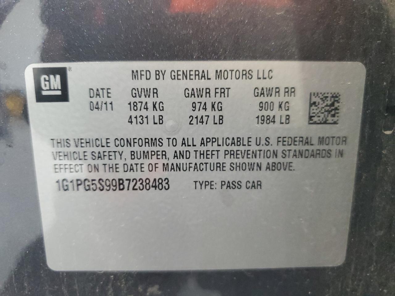 2011 Chevrolet Cruze Lt VIN: 1G1PG5S99B7238483 Lot: 62645535