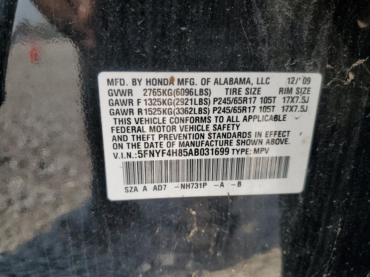 2010 Honda Pilot Touring VIN: 5FNYF4H85AB031699 Lot: 58597955