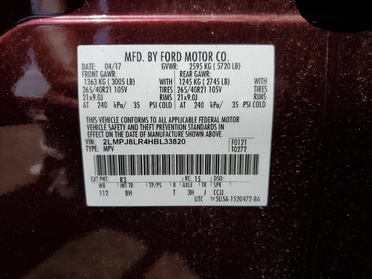 2017 Lincoln Mkx Reserve VIN: 2LMPJ8LR4HBL33820 Lot: 62501375