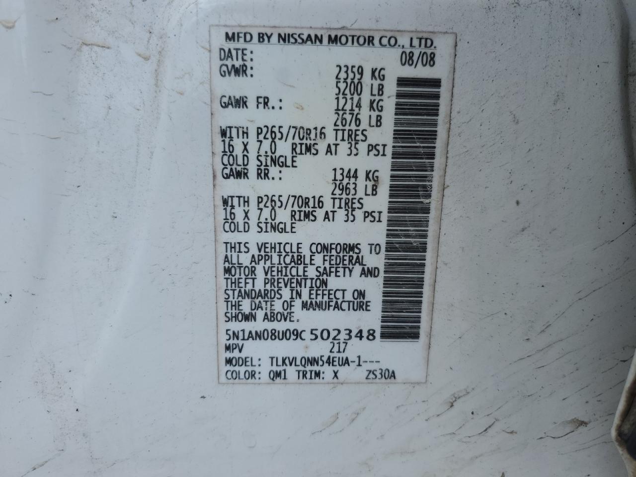 2009 Nissan Xterra Off Road VIN: 5N1AN08U09C502348 Lot: 62564555