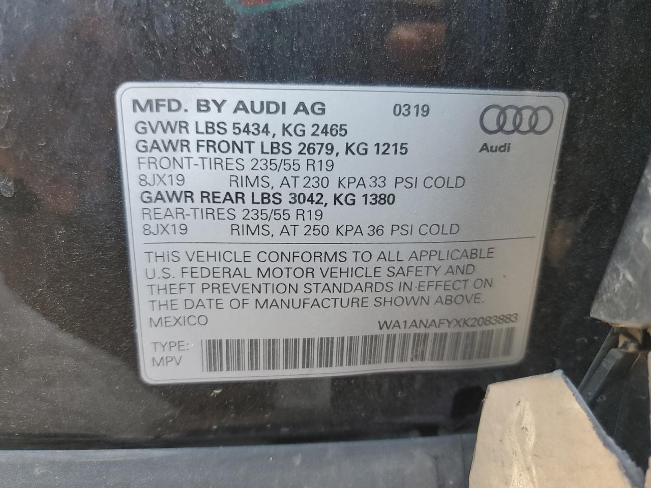 2019 Audi Q5 Premium VIN: WA1ANAFYXK2083883 Lot: 62660905