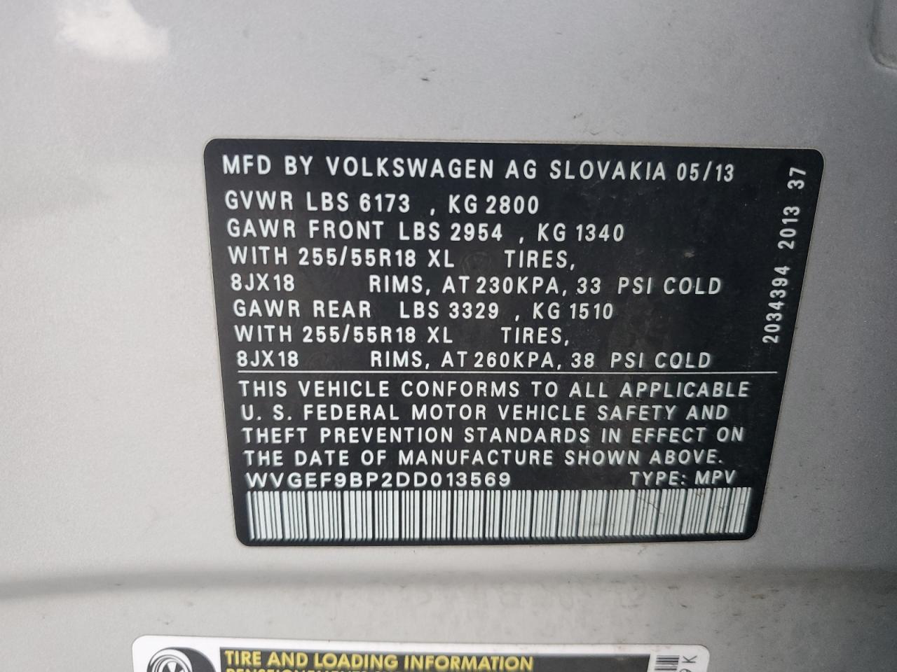 2013 Volkswagen Touareg V6 VIN: WVGEF9BP2DD013569 Lot: 62739725