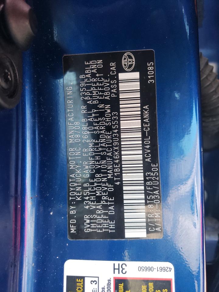 2009 Toyota Camry Base VIN: 4T1BE46KX9U345533 Lot: 59178485