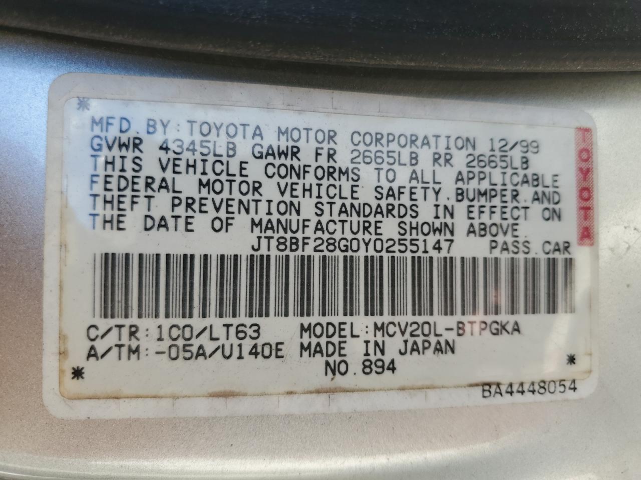 2000 Lexus Es 300 VIN: JT8BF28G0Y0255147 Lot: 61464825