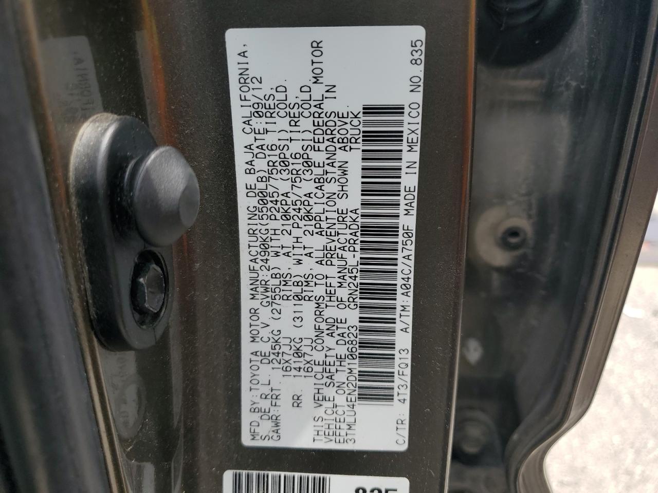 2013 Toyota Tacoma Double Cab VIN: 3TMLU4EN2DM106823 Lot: 63024905