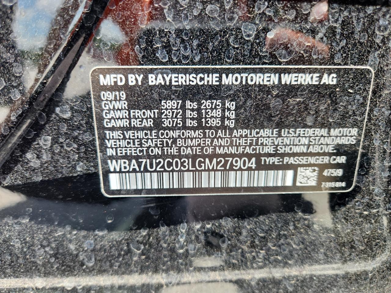 2020 BMW 750 Xi VIN: WBA7U2C03LGM27904 Lot: 62843215