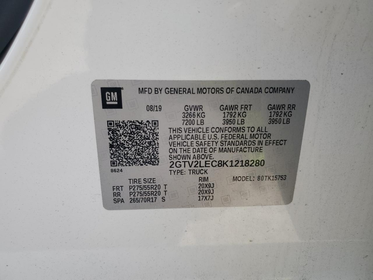 2019 GMC Sierra Limited K1500 VIN: 2GTV2LEC8K1218280 Lot: 57995085