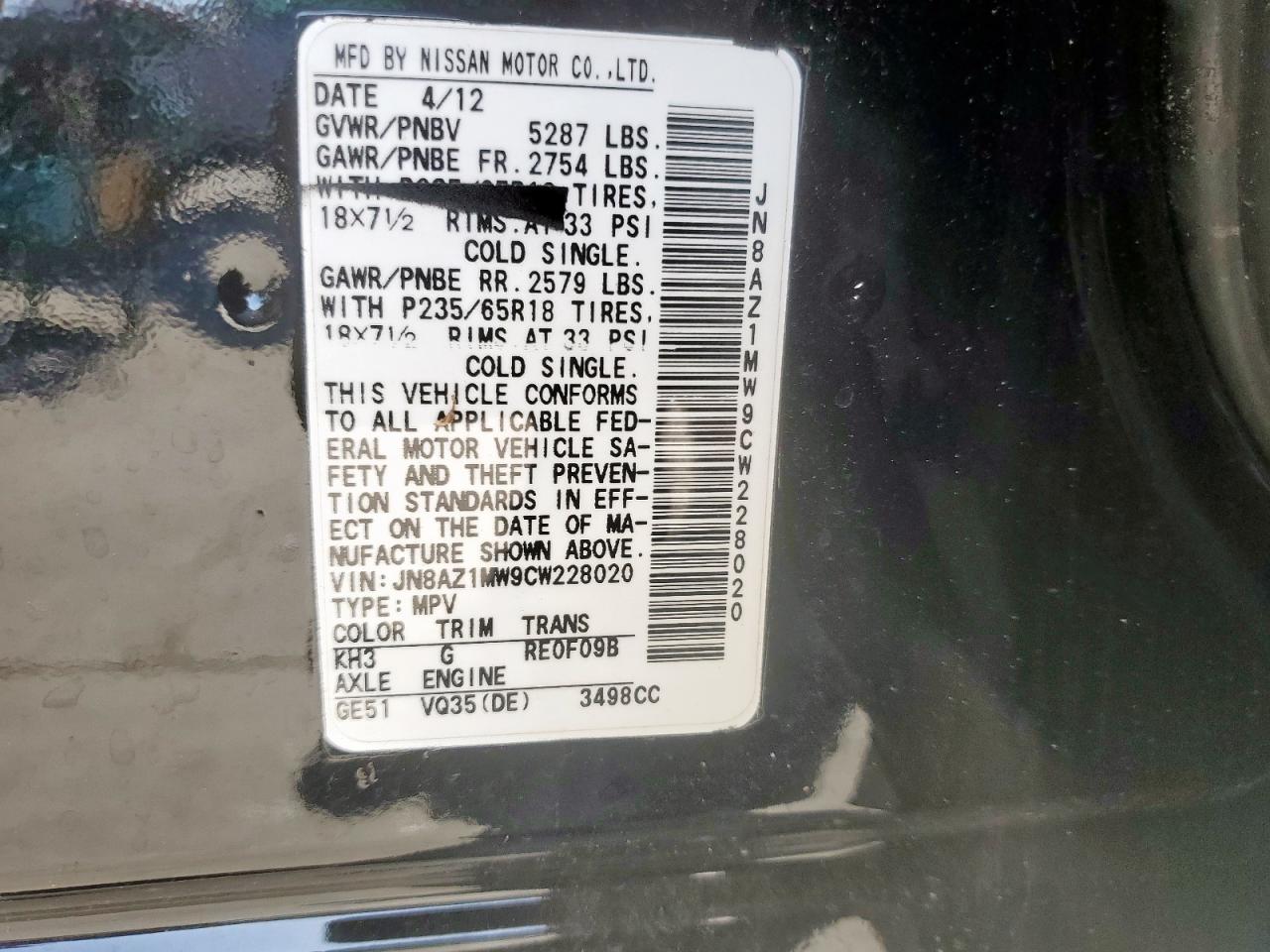 2012 Nissan Murano S VIN: JN8AZ1MW9CW228020 Lot: 62826765