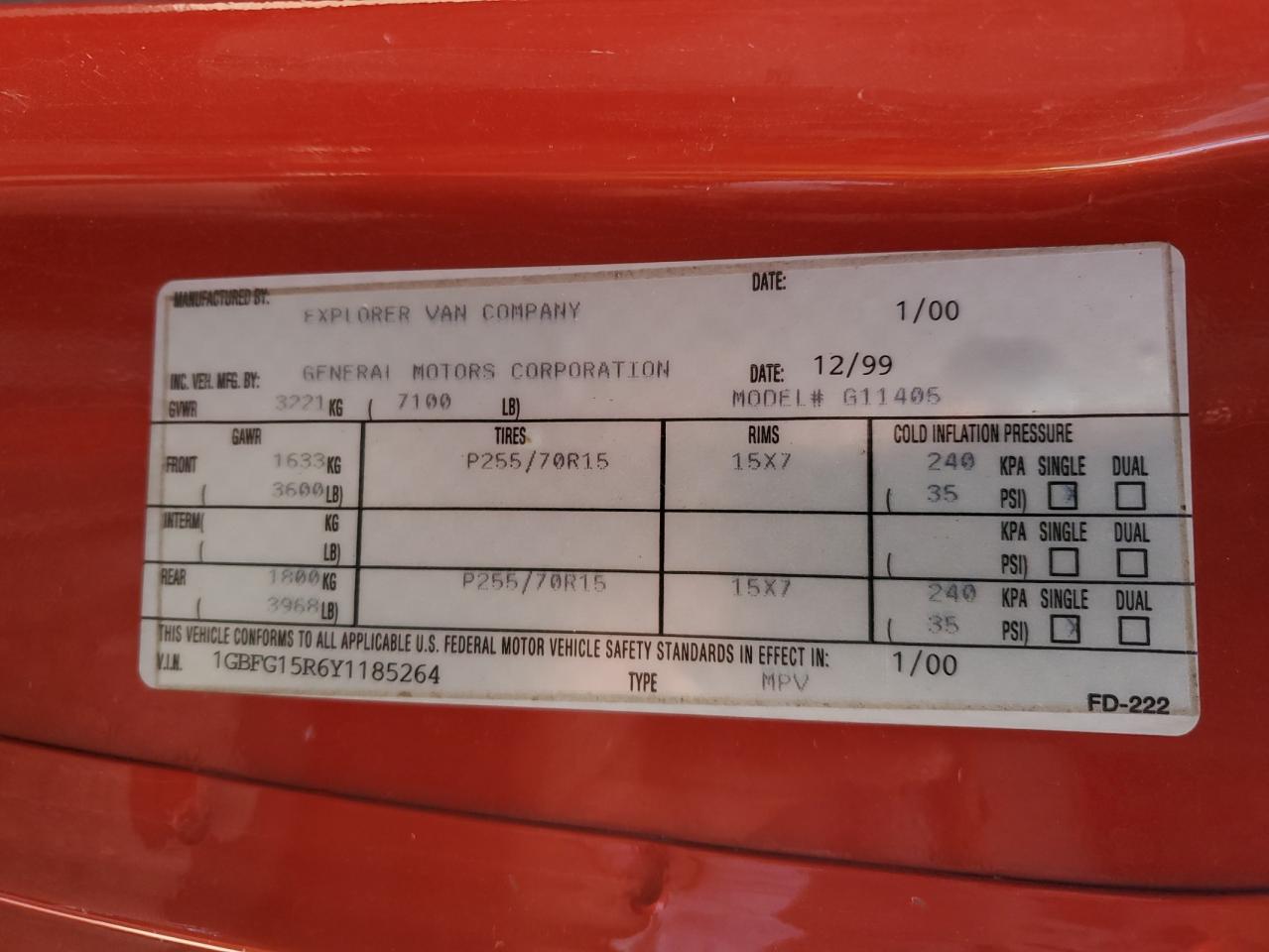 2000 Chevrolet Express G1500 VIN: 1GBFG15R6Y1185264 Lot: 61132965